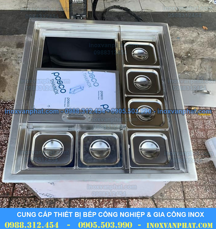 Thùng đá inox âm bàn có khay topping
